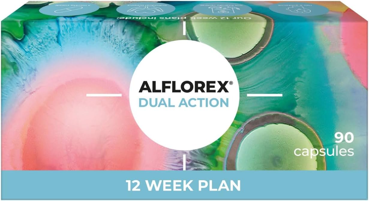 Alflorex Dual Action 12 Week Plan - Daily Gut Health Probiotics Supplement with Bifidobacterium Longum Bacteria strains 35624 and 1714 + Calcium + Vitamin B6 - Bacterial Cultures - 90 Capsules