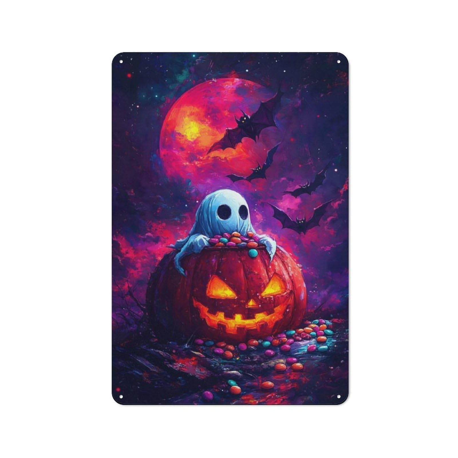 Junmoney Ghost In Pumpkin Rustic Metal Sign 30X20cm For Hobby Room Or Studio, Suited To Hobby Room Decor Fans