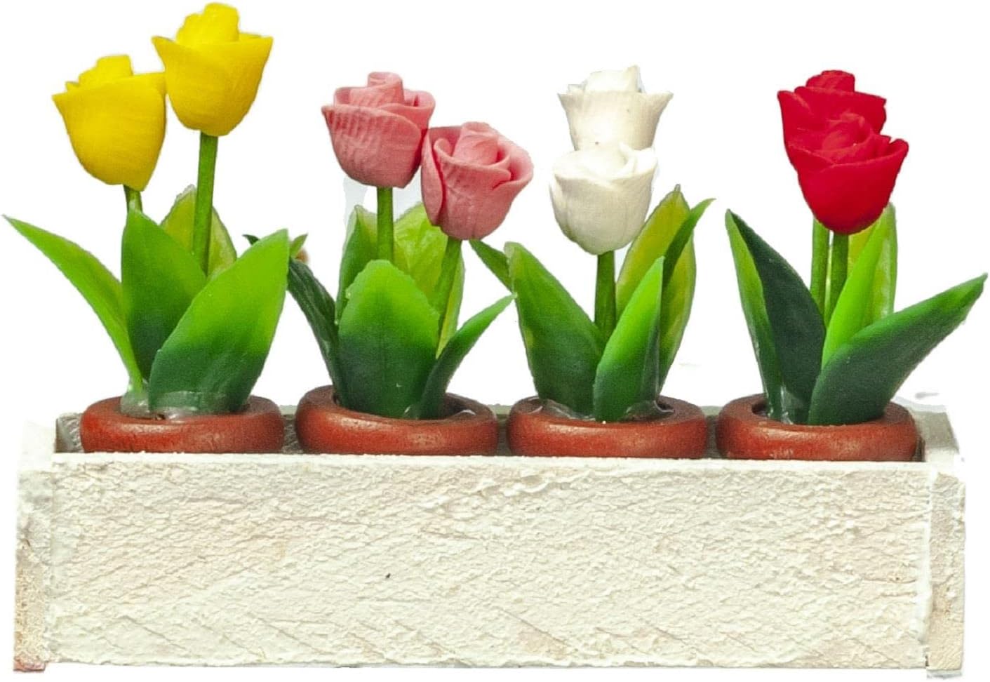 Dollhouse White Window Box with 4 Pots of Roses Miniature Garden Accessory