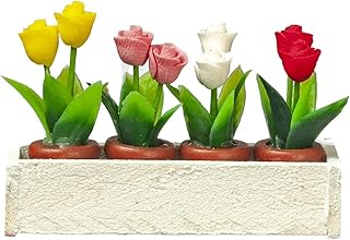 Dollhouse White Window Box with 4 Pots of Roses Miniature Garden Accessory