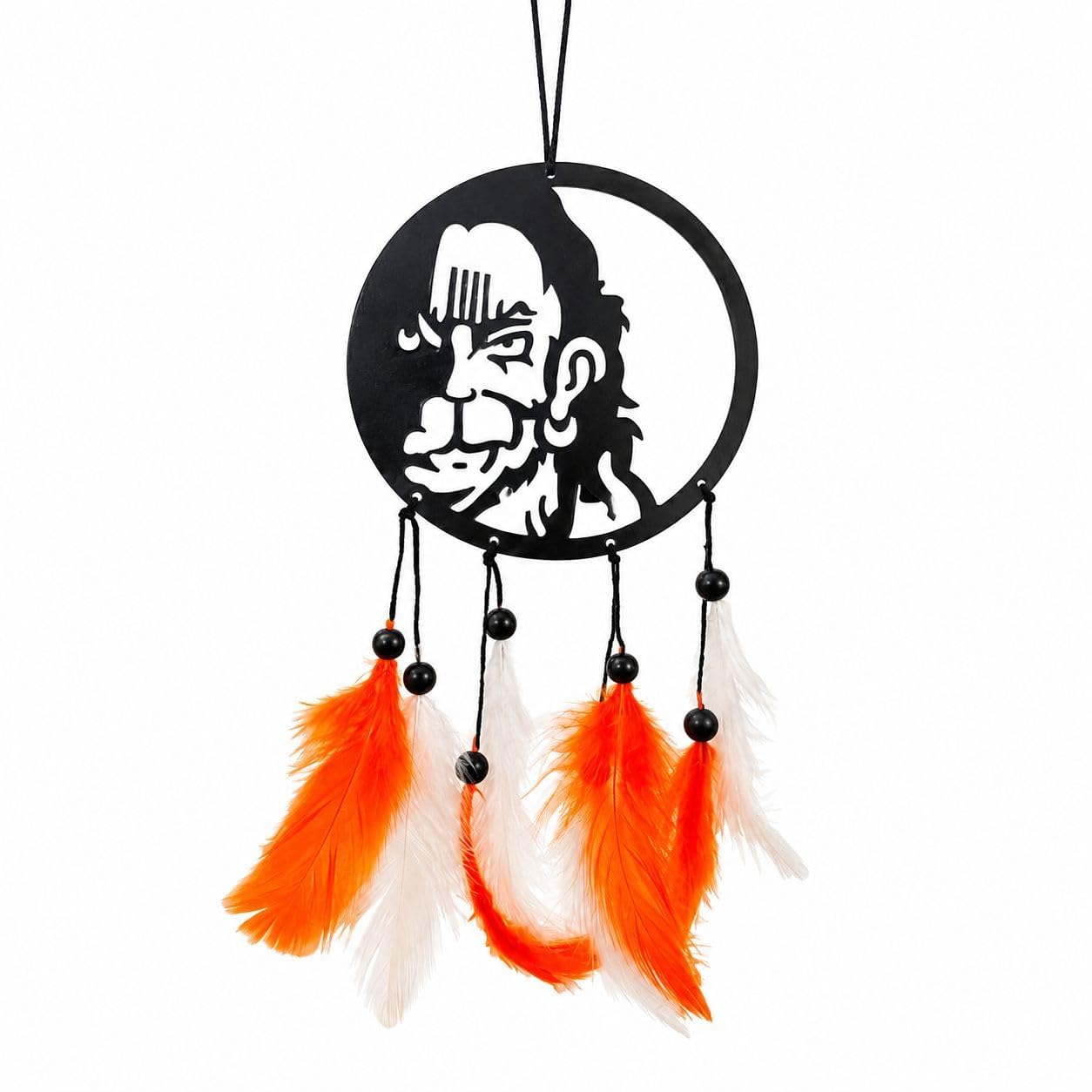 mikush Handcrafted Lord Hanuman Dream Catcher Car Rear View Mirror Hanging Ornament | Divine Rudra Bajrangbali Vector Silhouette Cutout Wall Decor with Orange & White Feathers-image-3