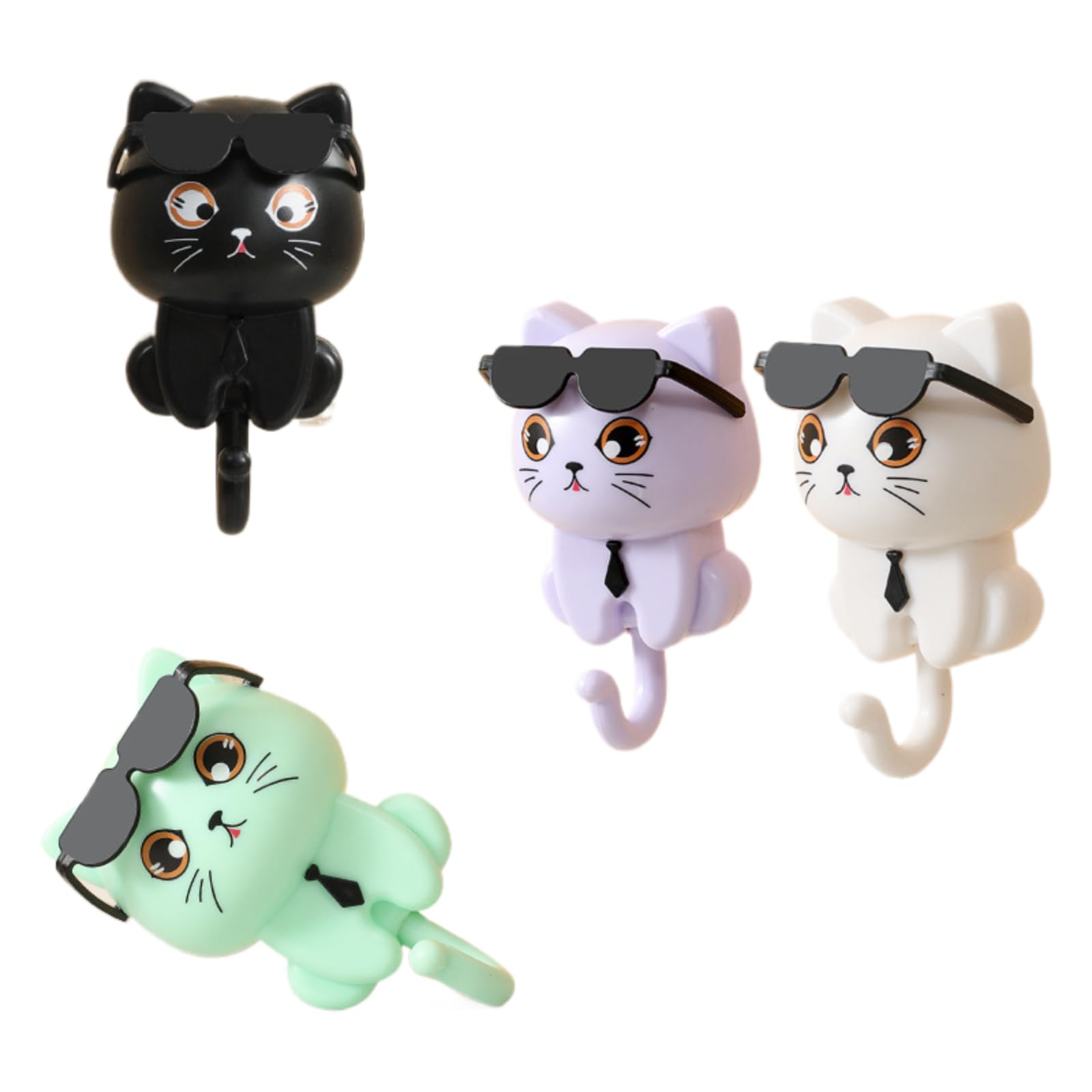 MENGYUEXUAN Cat Key Holder with Sunglasses – 4 Pack Adhesive Wall Hooks, No Punch Door Hooks for Keys, Hats & Coats – Cute Cartoon Black Cat Design, Removable Strong Grip