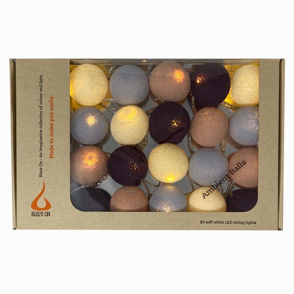 Blaze On Ambient Ball Fairy Lights (London Fog), 20 Warm White LED Lights, Hand-Spun Cotton Balls