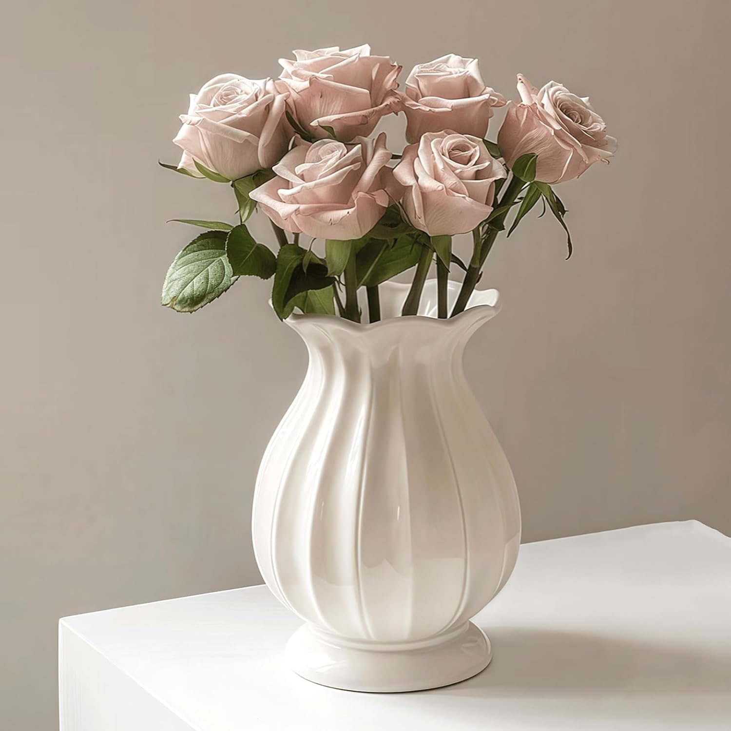 White Vase, Modern Ceramic Flower Vase for Home Décor, Wavy Edge Ribbed Design Pedestal Vases, Minimalism Flared Vases for Living Room Table Centerpieces (7.5" H x 4.5" W)