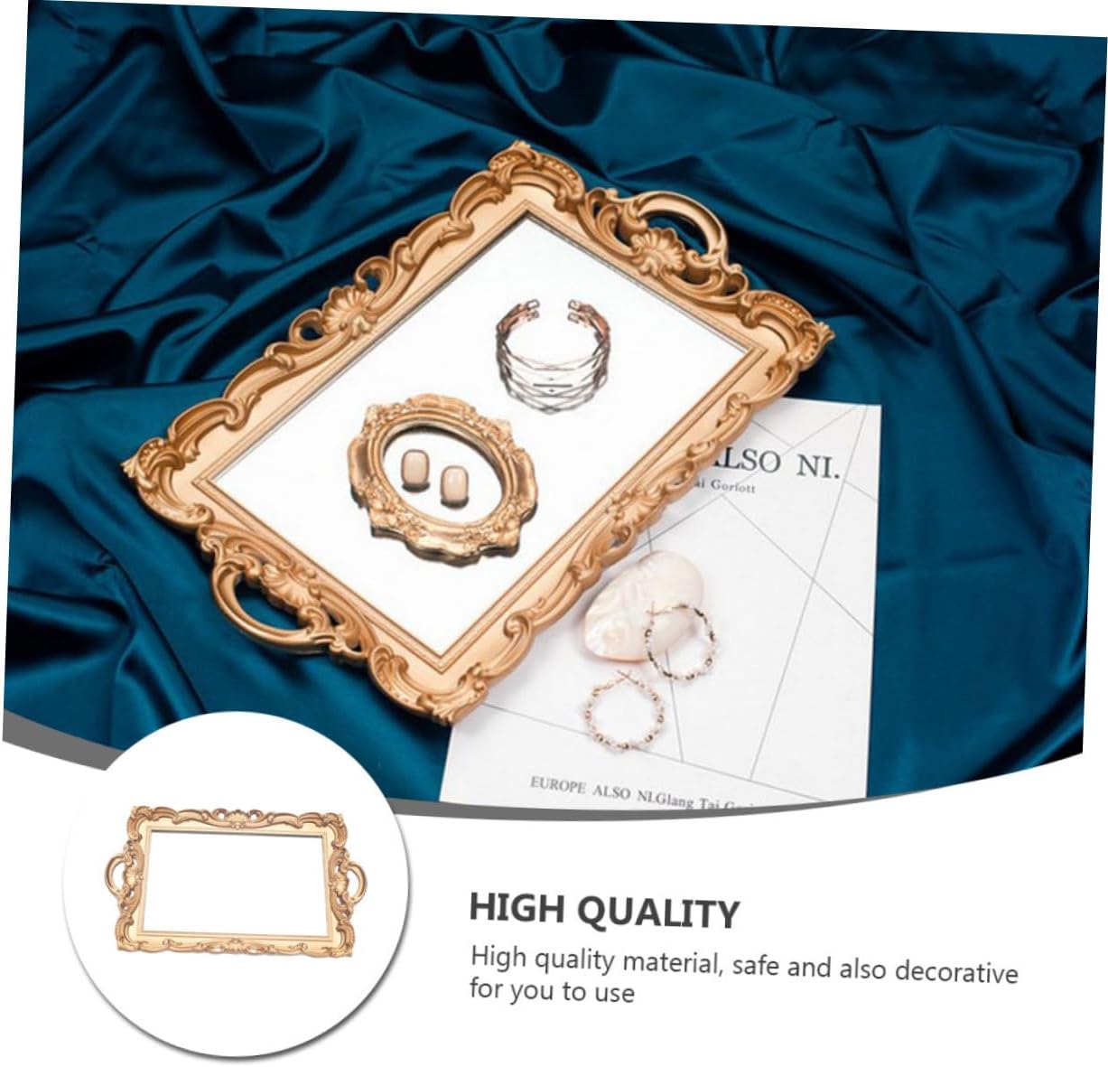 Vintage European Style Mirror Tray for Cosmetics Storage, Golden Rectangular Decorative Organizer Plate, Perfume Display Photo Prop for Home Décor and Vanity