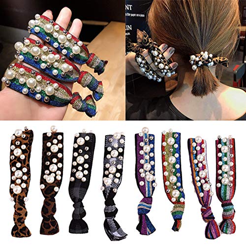 Beauty Wig World Pearl Hair Accessories for Women Girls Gifts Rainbow Bracelet Elastic Hair Ties Bands Ring with Pearls Hair Rope Hairband Scrunchies for Hair,8pcs
