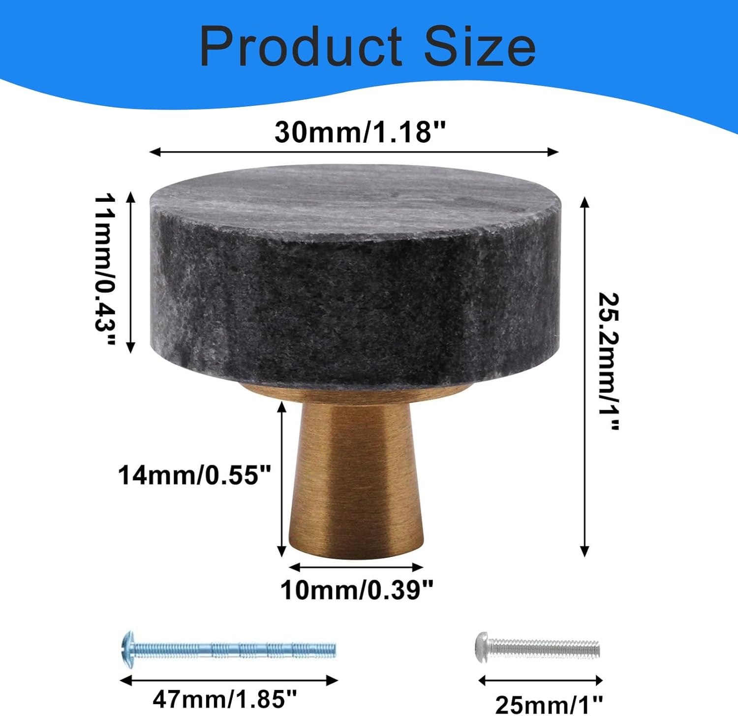 2 Pcs Marble Cabinet Knobs for Dresser, Decorative Round Cabinet Door Knobs, Modern Black Stone Brushed Brass Base Drawer Handles Pull for Cabinets Drawers Bathroom (Black)