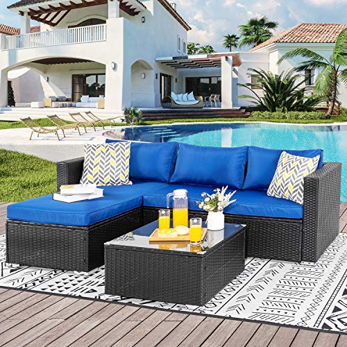 Shintenchishintenchi Outdoor Wicker Patio Sofa Set Black All Weather Rattan Small Sectional Patio Set Chaise Lounge W Glass Coffee Table And Washable Couch Cushions Patio Conversation Set 3 Piece Drak Blue Dailymail