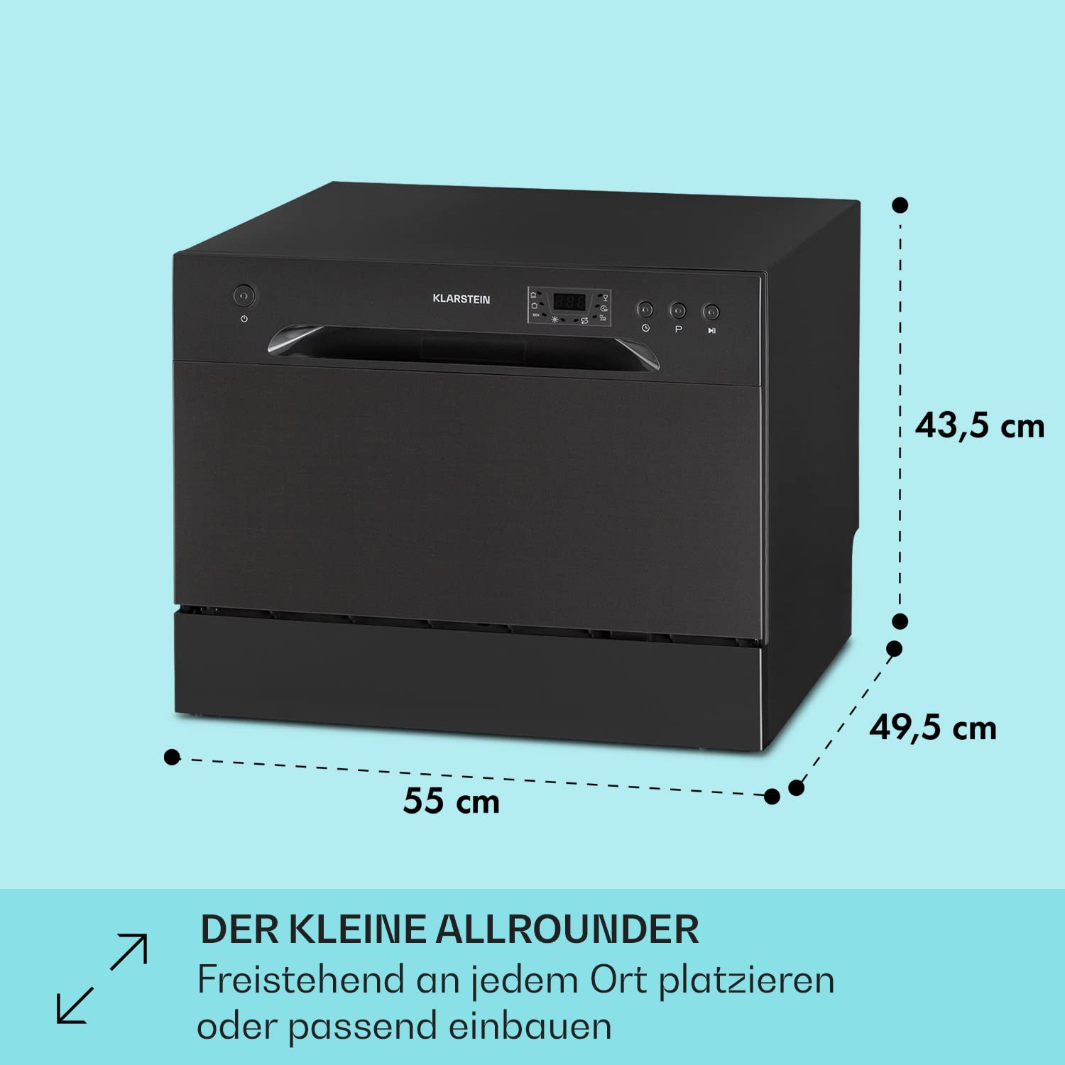 Klarstein Mini-Geschirrspüler 6 Gedecke, Leiser Geschirrspüler Klein, 6 Spülprogramme, Wasseranschluss, Anthrazit