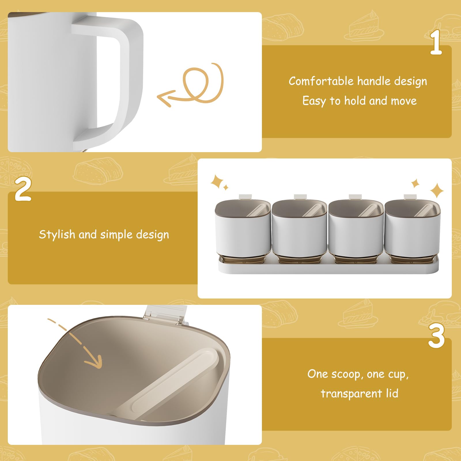 Set de 4 Pots à Épices en Matériau PP et AS avec Support et Cuillère pour Cuisine, Café ou Cadeau (Blanc - 4 Pots-BY)