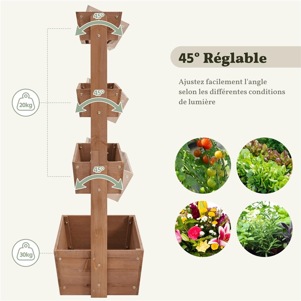 Yaheetech Jardinière Surélevée 4 Niveaux Bac de Potager en Bois de Sapin avec Trous de Drainage pour Balcon Terrasse Jardin Support pour Plantes Herbes Fleurs Légumes Brun Foncé