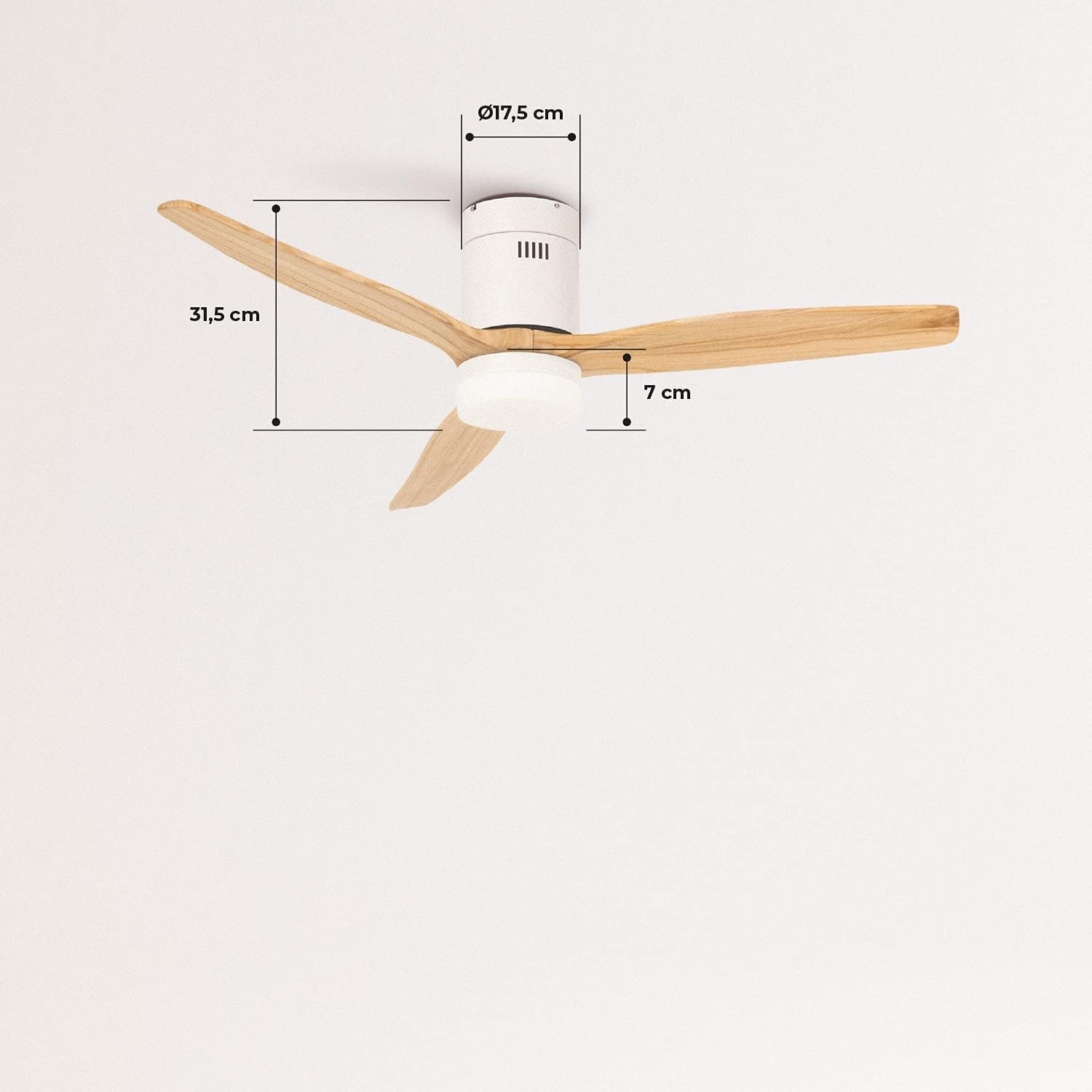 CREATE / WINDCALM M/Ventilateur de plafond ABS avec lumière et télécommande blanc pales effet bois clair / 40W, Silencieux, Ø132 cm, 6 vitesses, minuterie, été-hiver, double hauteur,