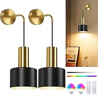 Vista 10 de VerRon Juego de 2 apliques de pared a pilas, luces de pared inalámbricas con control remoto, lámparas de pared regulables negras y doradas