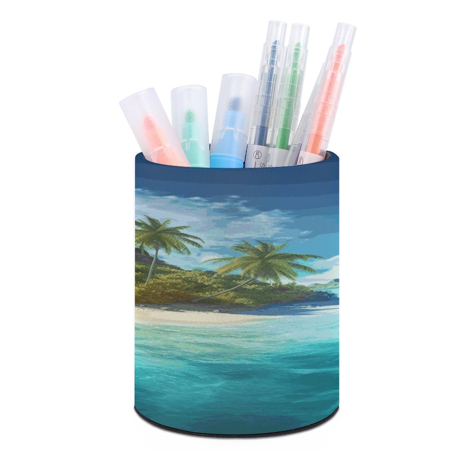 LDGSUPH Tropical Island Round Pen Holder Leather Pen Cup Pencil Cup Pen Organizer Pencil Holder for Desk Organizer Pencil Organizers Makeup Brush Holders for Home Office Gift