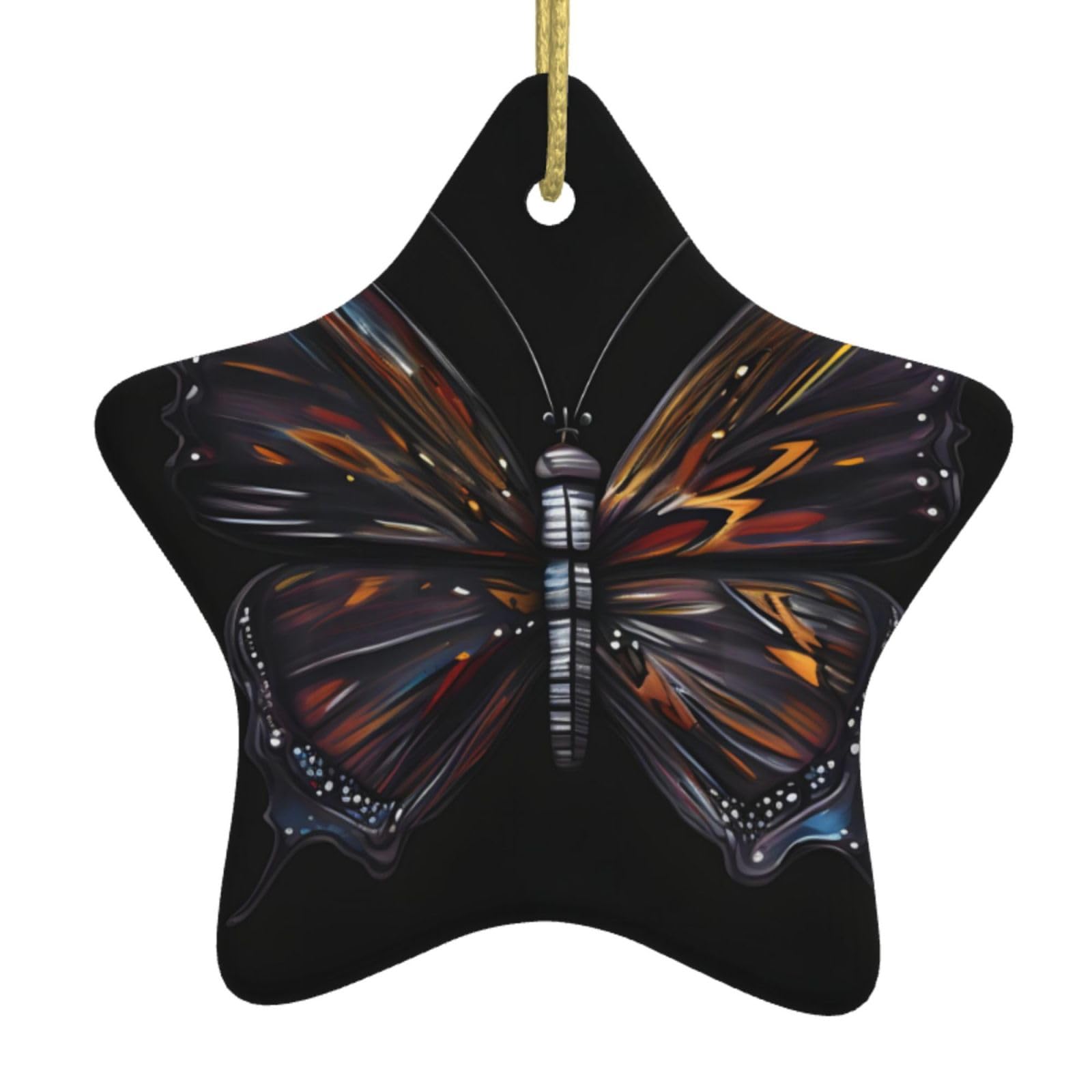 Mystery Butterfly Christmas Ceramic Star Pendant with Punched Holes and Gold Wire Rope, Christmas Tree Home Decoration