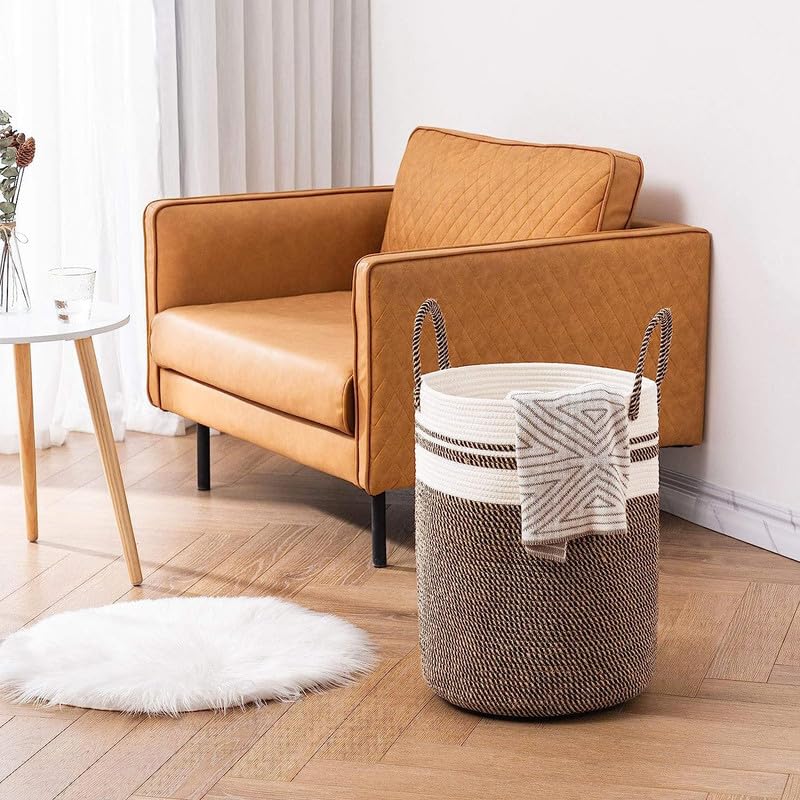 Image of Storage Cotton Rope Basket and Laundry Hamper for Dirty Clothes, Towels, Blankets, Pillows Storage in Living Room, Laundry Room and Bedroom (Camel Mix, 15x18 Inch)