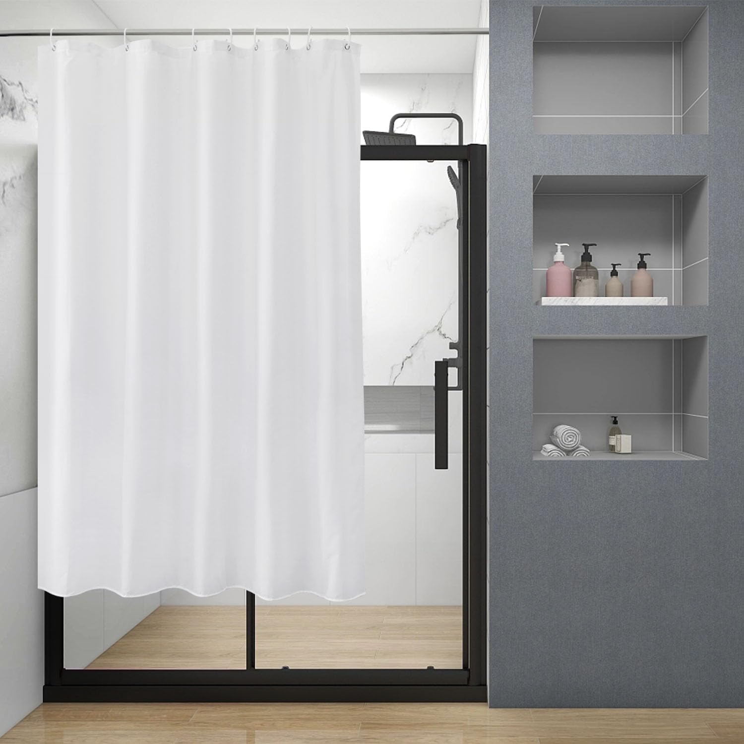 Short Shower Curtain 150cm Drop with 8 Free Hooks, Water repellent