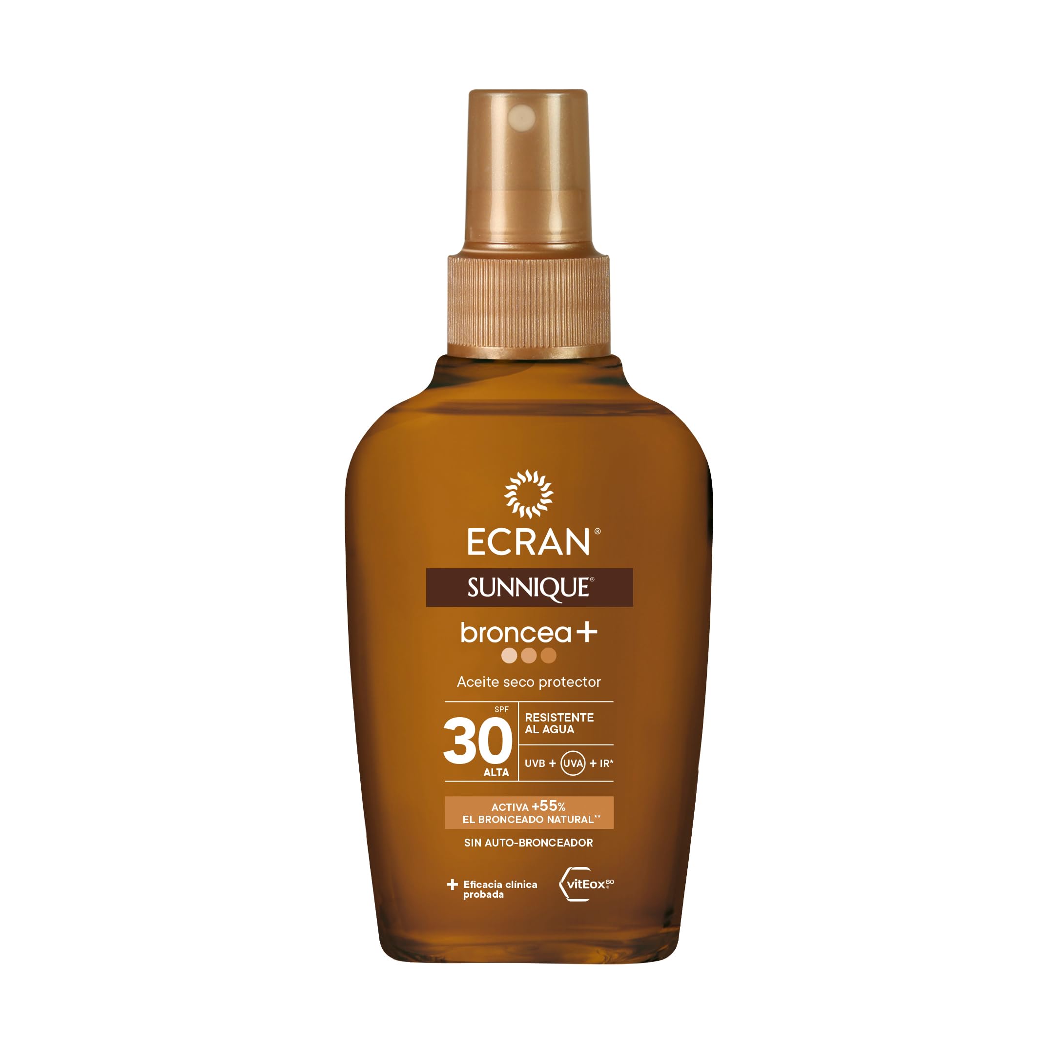 Ecran Sunnique - Aceite Protector Solar Broncea+ FPS 30, Protección Media UVB y UVA, Activa el Bronceado Natural, Sin Autobronceador, con Tecnología PureBronze, Resistente al Agua - 100 ml