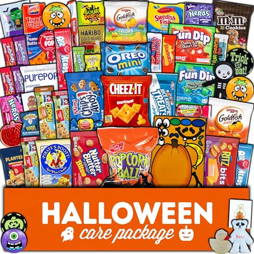 Halloween Candy Care Package Gift (50ct) Snacks Box Basket Candies Kids Children Adults Cookies Food Variety Pack Bundle Mixed Bulk Sampler Girls Boys Guys Men Women Boyfriend Girlfriend College Student