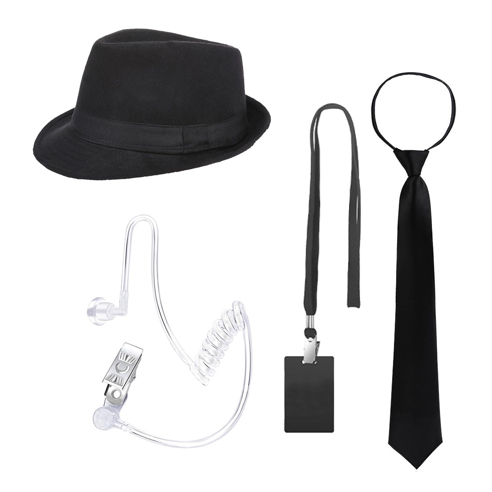 4Pcs Men's 1920s Costume Accessories Set Vintage Gentleman Gangster Fedora Hat Necktie Fake Earphone Cable Card Holder Set Halloween Roaring 20s Fancy Dress Party Mardi Gras Costume Outfits Supplies