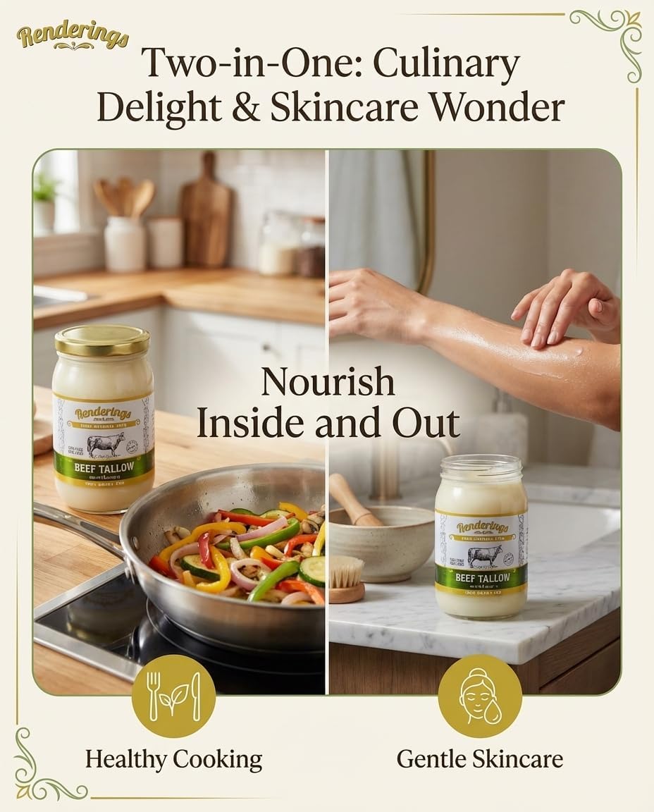Renderings Gold Label Beef Tallow – 100% Grass-Fed, Gourmet Cooking & Baking Essential, Silky Smooth Traditional Skincare Ingredient, No Odor, Rich Nutritional Profile, Perfect for Searing & Frying, 14 oz jar (Pack of 4)