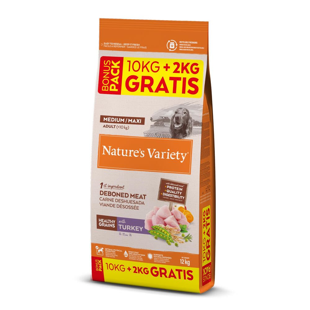 Nature's Variety Healthy Grains Pienso para Perros Medianos y Grandes, Pavo Deshuesado, Arroz Integral, Avena y Guisantes, 12kg