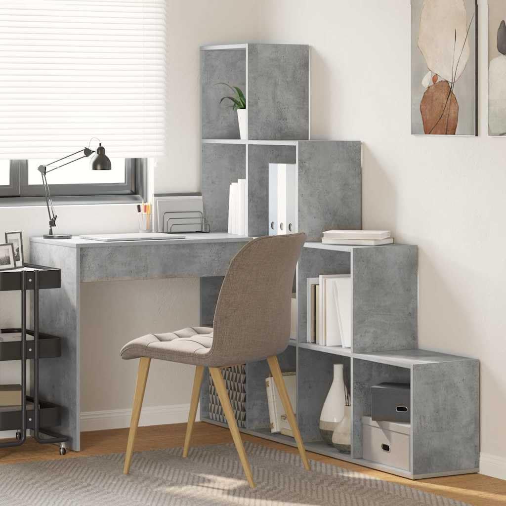 Narożne biurko betonowe, szare, materiał drewnopochodny z regałem, miejsce do przechowywania, 149,5 x 101,5 x 149,5 cm, do domu, biura, gabinetu, ergonomicznego, zajmującego mało miejsca