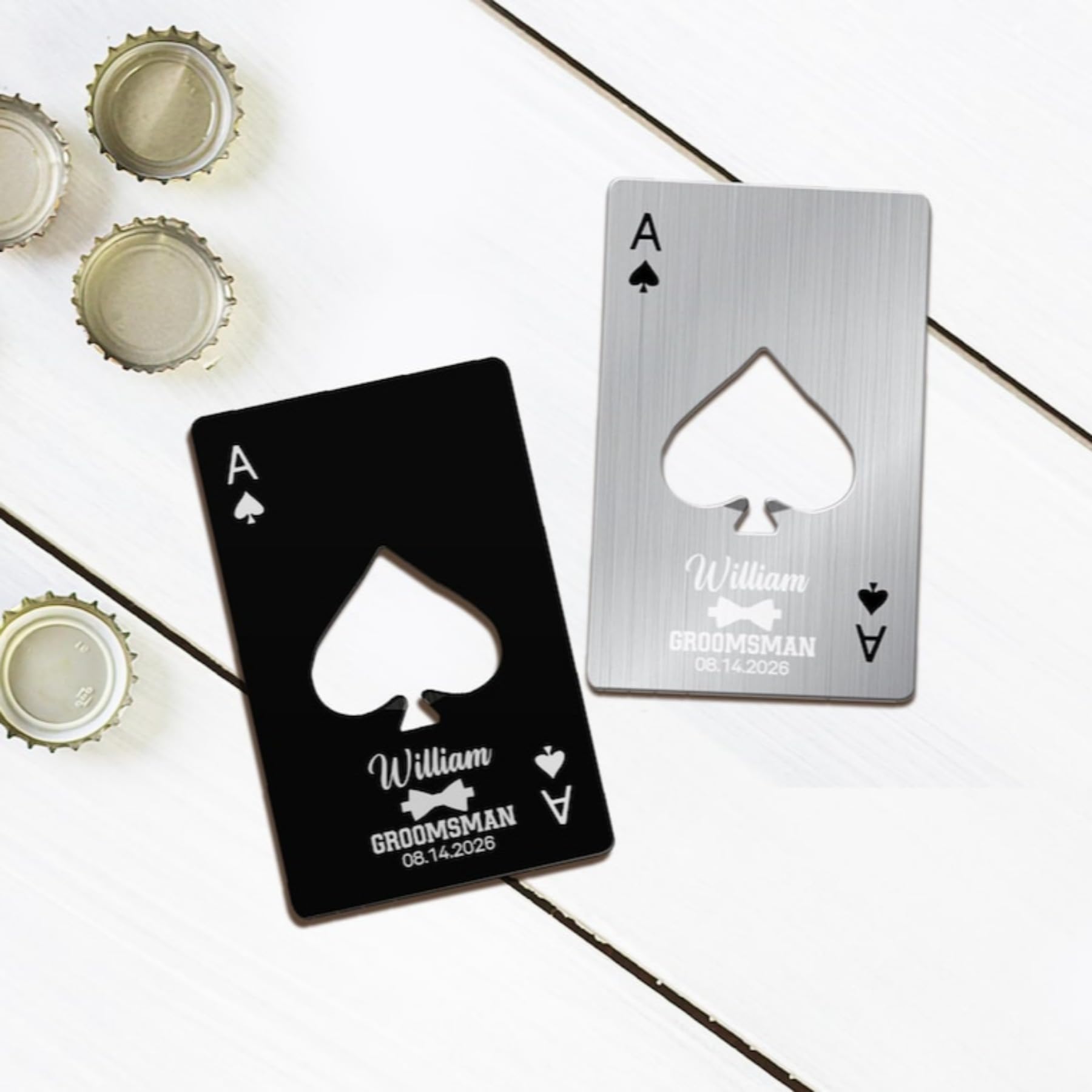 Apribottiglie con incisione, asso di picche, apribottiglie personalizzato, regalo di nozze, apribottiglie con carta di credito, regali per proposte di sposo (60 pezzi)