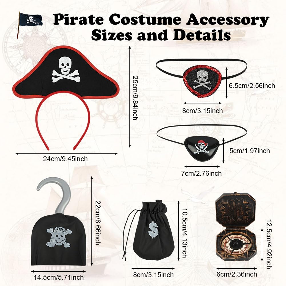 AUYAO Kostium piratów dla dzieci, 7 szt. Zestaw kostiumów piratów z sukienką, kapeluszem i naszywką na oko, zestaw dla dziewczynki Buccaneer, kostium na Halloween dla dziewczynek na karnawał, imprezę
