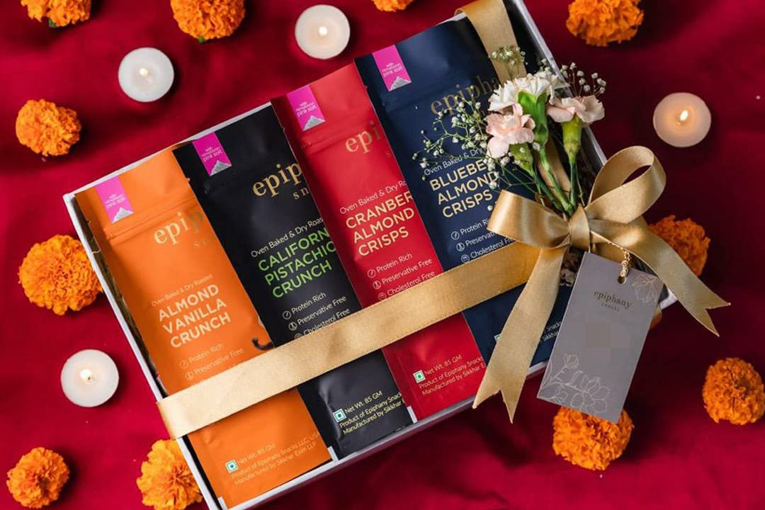 Epiphany Dry Fruits Snacks Bar Energy Crunch Pack of 4 Dry Fuits Festival Hamper Gift Pack Almond Vanilla, Cranberry Almond, Blueberry Almond , California Pistachio Sweet Crunch Chikki Bar 85Gm Each-image-44