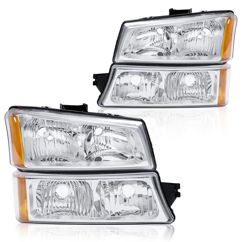 GRAND ORANGE Headlights Assembly Compatible with Chevy Silverado 1500 2500 3500 HD Models 2003-2006 / Fit Avalanche 03-06 (Fit No Cladding only) Clear lens Chrome Housing Amber Reflector