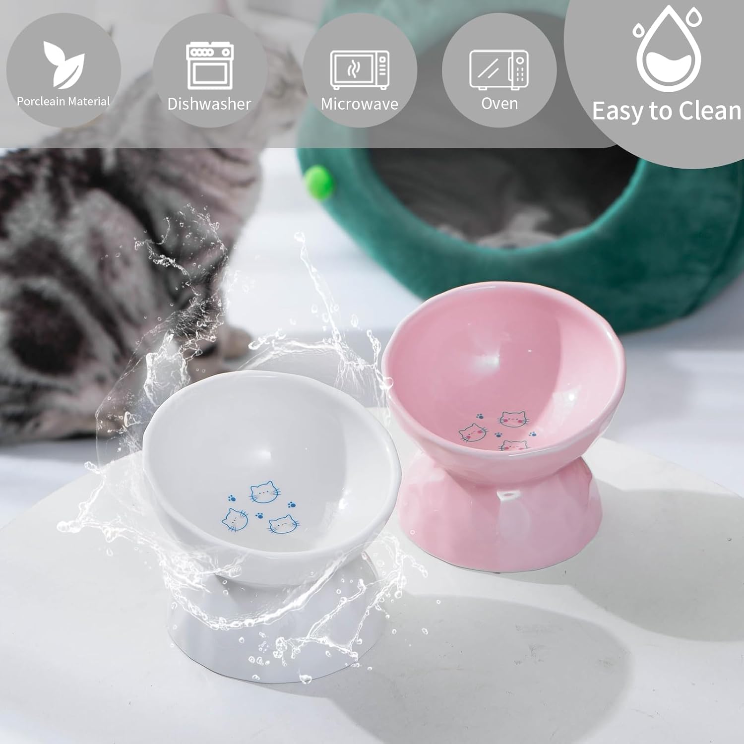 AOMRYOM Ceramic Tilted Raised Cat Food and Water Bowl Set, Elevated Stress Free Feeding Pet Bowl Dish for Cats and Small Dogs, Protect Cat's Spine, White & Pink, Set of 2