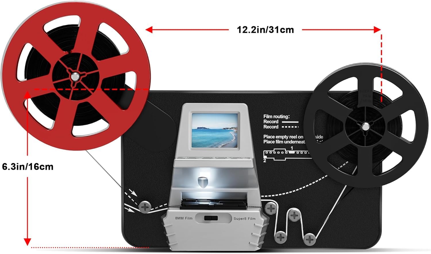 Super-Filmscanner für 8 mm und Super 8 mit 2,4-Zoll-LCD, digitalisiert 8-mm- und Super-8-Filme in 1080P, inkl. 32-GB-SD-Karte