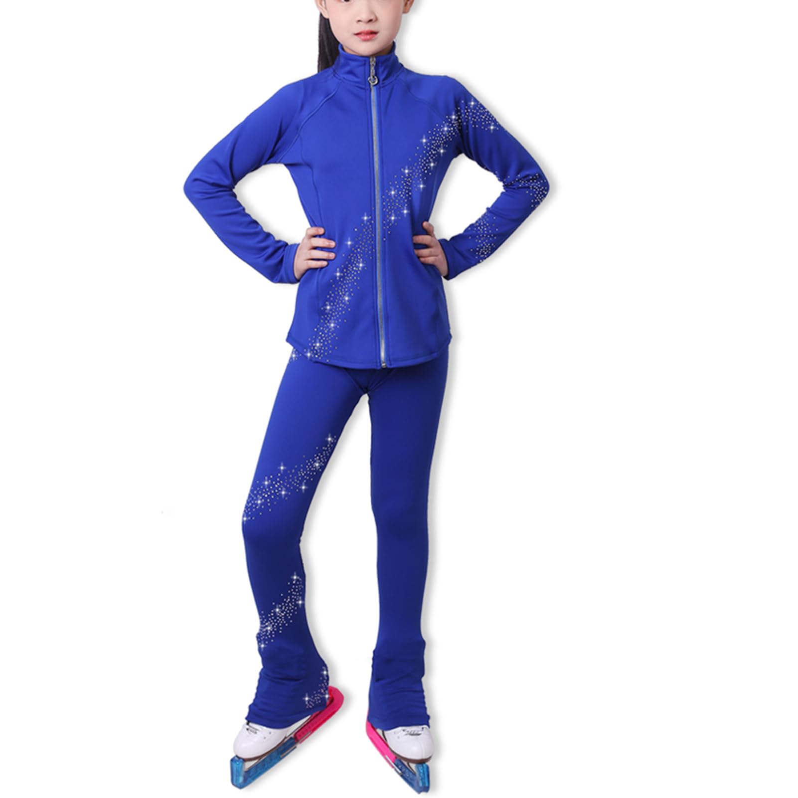 ROLTIN Dames meisjes kunstschaatsen trainingskleding met strass schaatsen broek blauw schaatsen legging jas (maat: XS, kleur: blauw