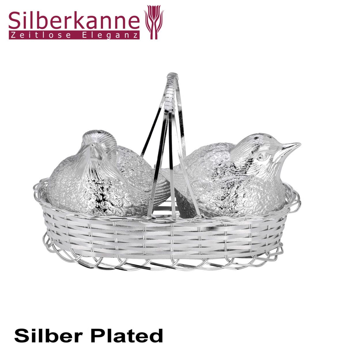 Salero y pimentero "Gorriones en la taza" plateado plateado | 14 x 8 x 11 cm | Elegante plata de mesa | Ideal como regalo
