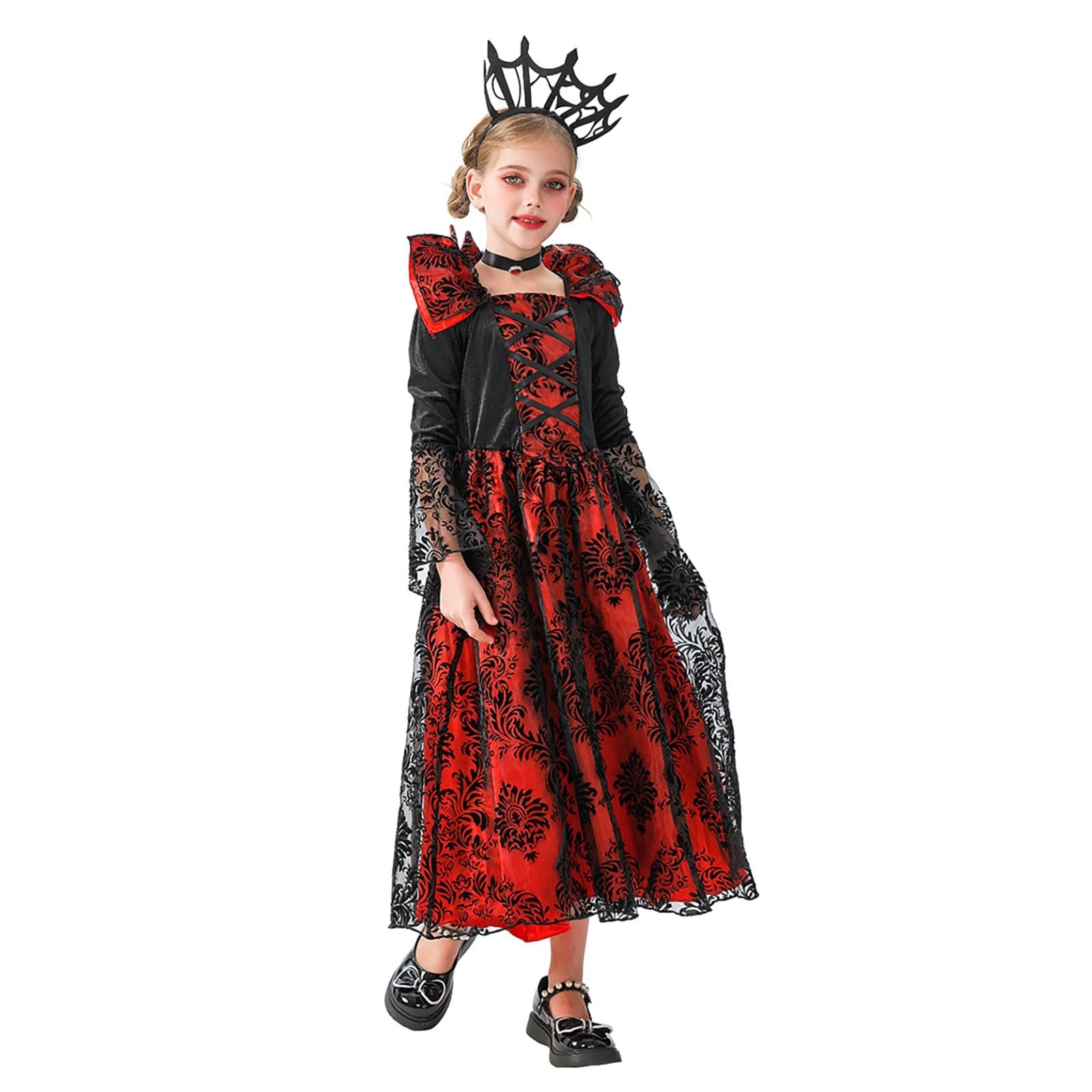 Costume Halloween Bambina Vampiro Per Bambina, Vestito Rosso E Nero Con Gonna Ampia, Adatto Per Feste In Maschera E Carnevale