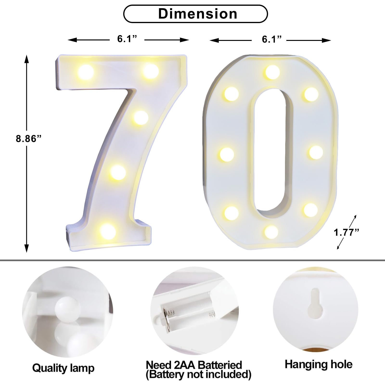 Vimlits Light Up Numbers 70th Birthday Decorations, LED Number Lights Lighted Number Sign for Party Backdrop Wedding Anniversary Remote Wall Table Decor - Cool White & Warm White 70 — view 6