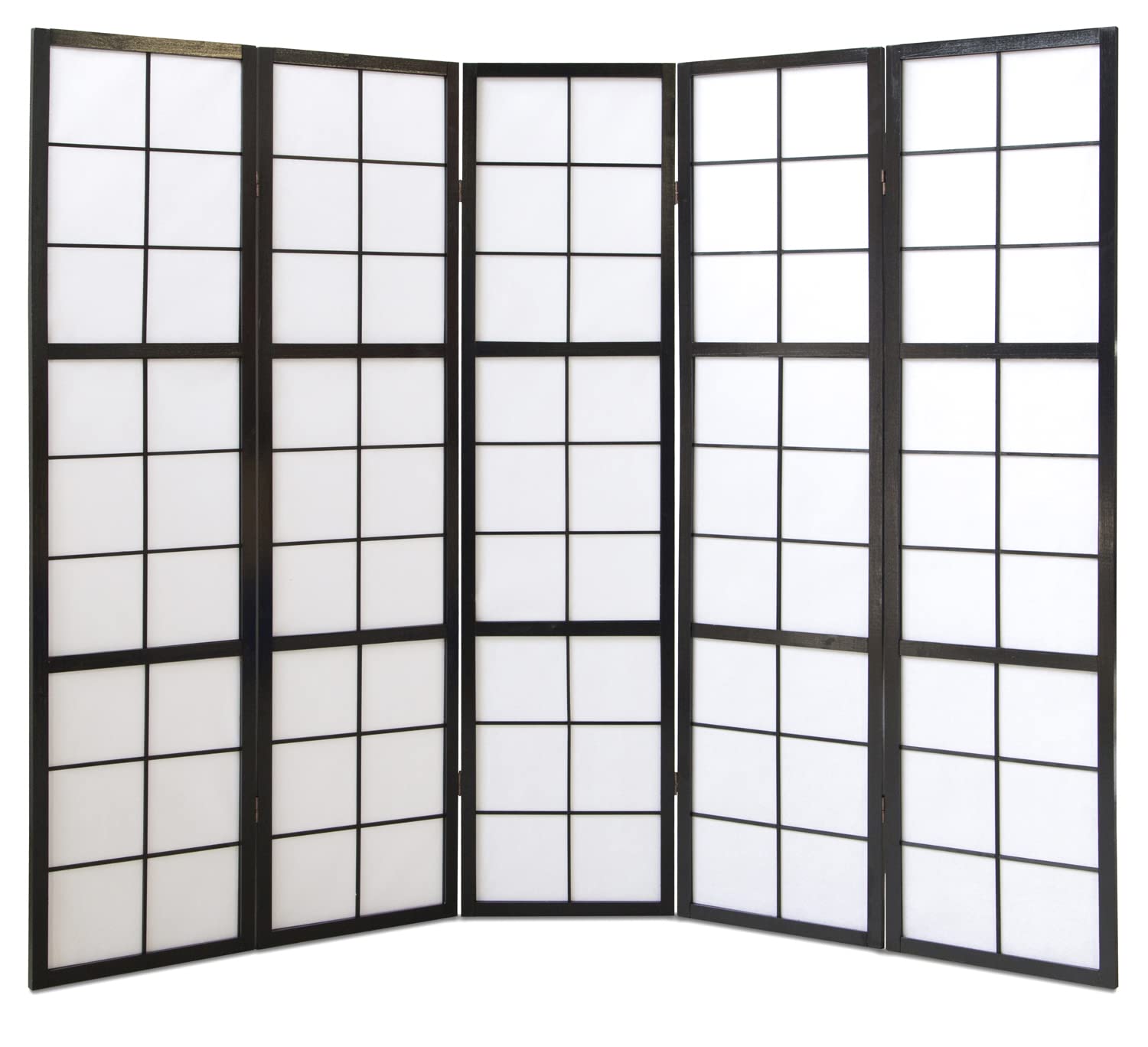 PEGANE Paravent Japonais Grands Carreaux Bois Noir et Papier de Riz - 5 pans - Dim : H 175 cm