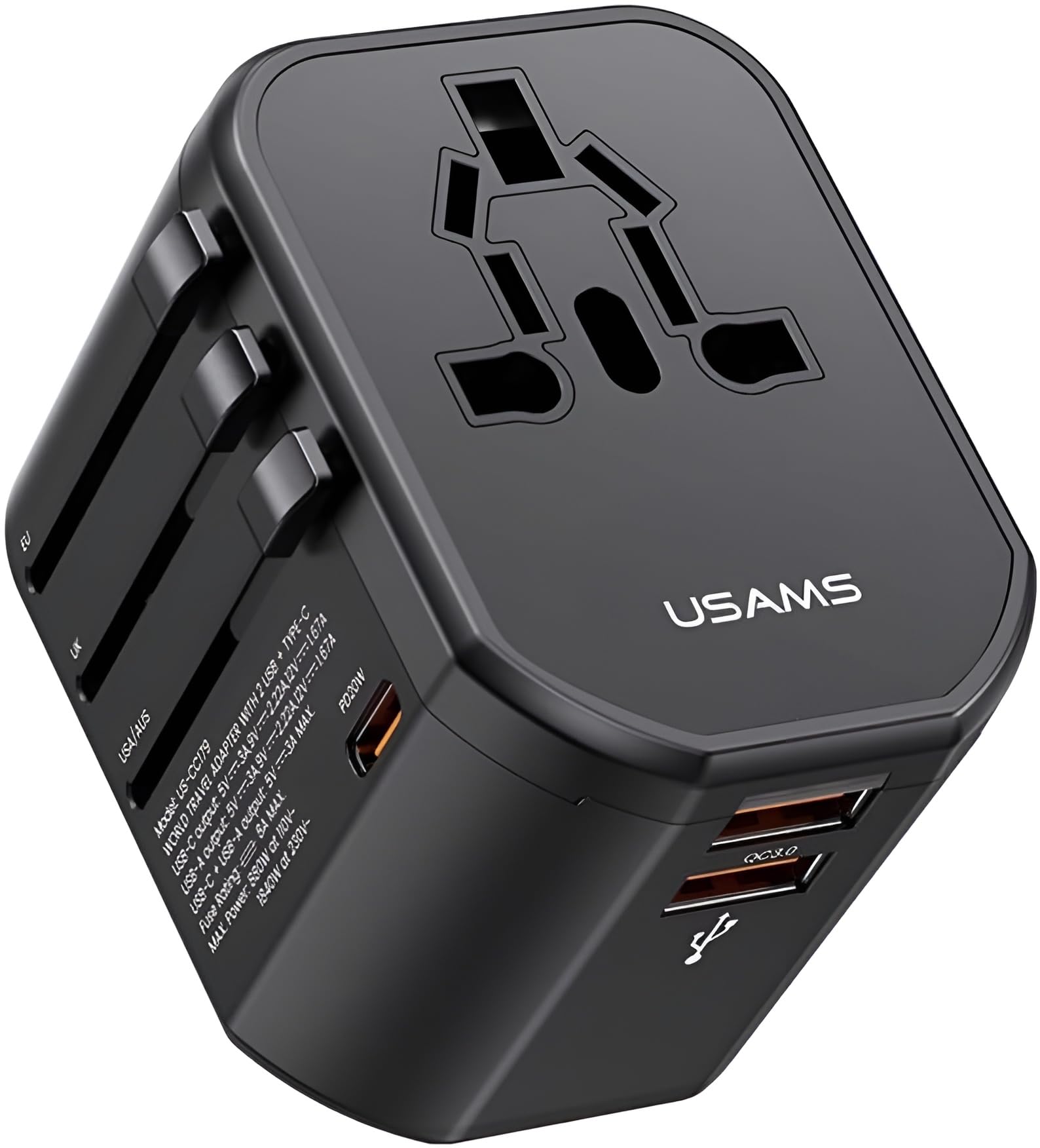 USAMS USB C Universal Travel Adapter With Dual QC3.0 Ports, Universal Charger, 200+ Countries, International Adapter, Type C Power Plug, Black