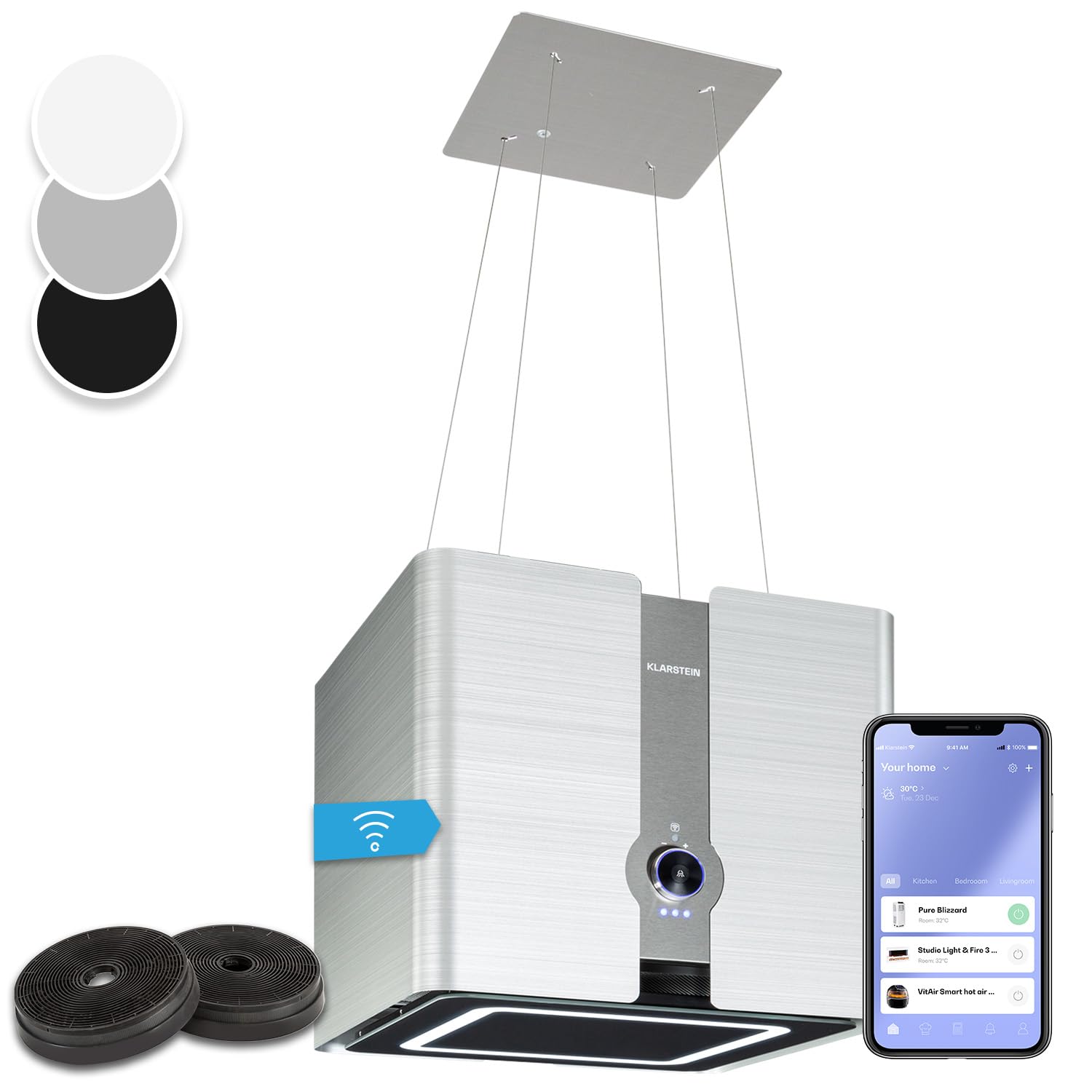 Klarstein Futurelight Smart Dunstabzugshaube freihängend 420m³/h Umluft Inselhaube LED Edelstahl silber