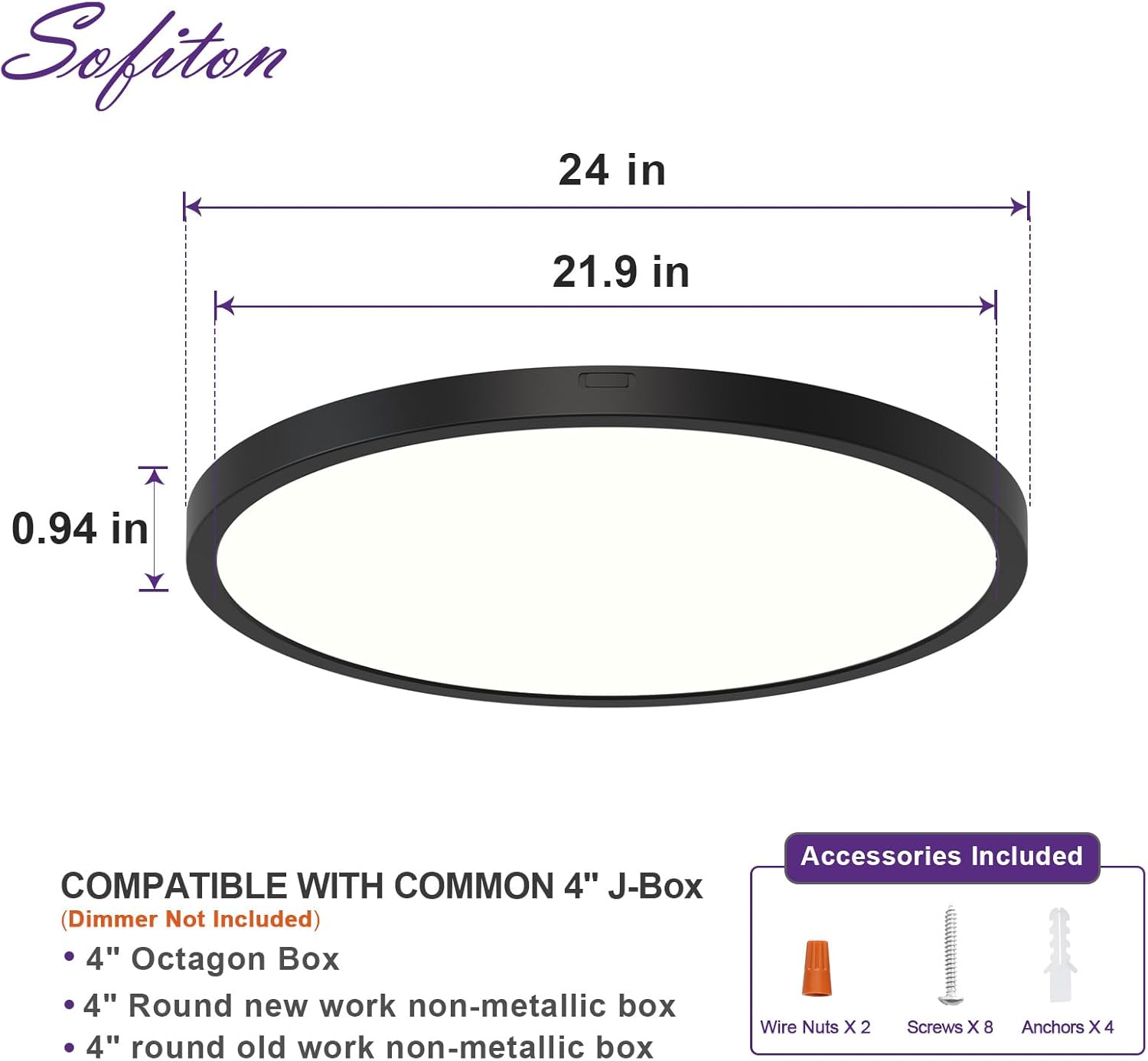 LED Flush Mount Ceiling Light, 24Inch 48W Black Slim LED Light 3050LM, 2700K-5000K Adjustable, 120V, Dimmable, Black Round Ceiling Lights for Bedroom, Kitchen, Hallway, Laundry, 1Pack