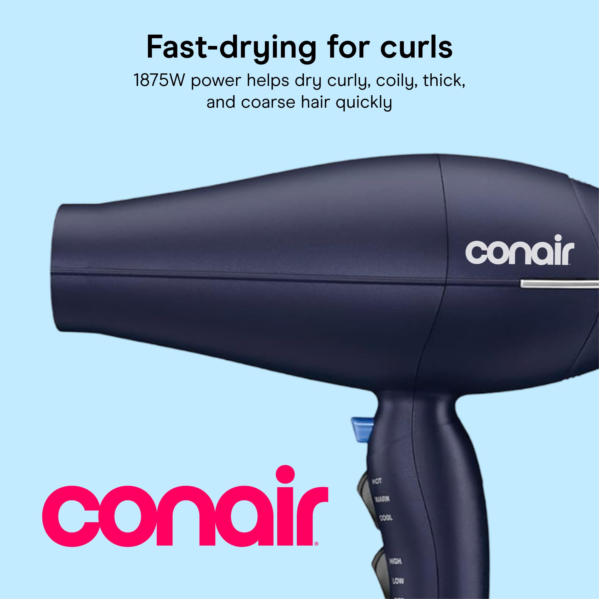 Conair Hair Dryer with Multi-Chamber Hair Diffuser Attachment Dark Blue | 1875W blow dryer for curly coily and wavy hair ionic and ceramic technology help reduce frizz and protect curls product thumbnail 4
