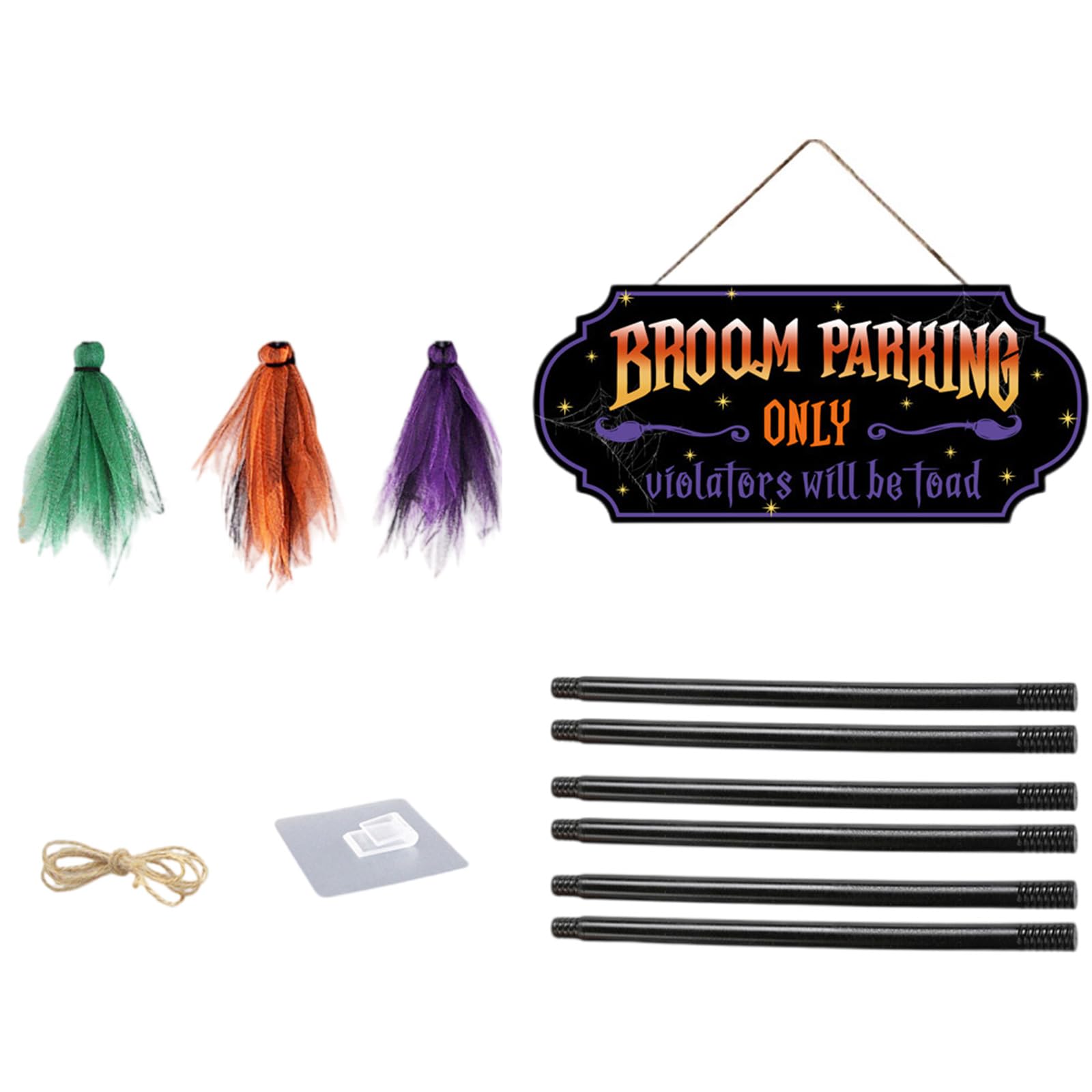 Bottone Wood Witches Broom Parking Sign Halloween Front Porch Decoration with 3 Brooms Indoor Wall Art Accessories Yard Sign