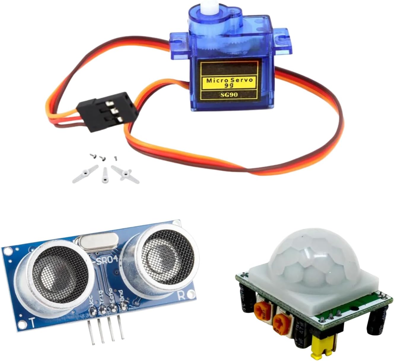Robocraze SG90 Servo Motor + PIR + HC-SR04 Ultrasonic Sensor | Arduino Kit | 3-piece Arduino robotics kit with SG90 servo, PIR motion sensor and HC-SR04 distance sensor for DIY projects.
