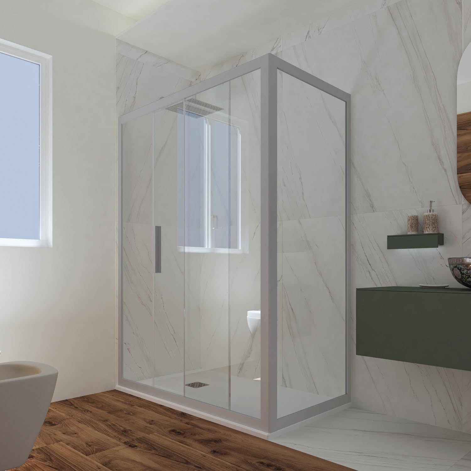 Box doccia scorrevole 80 x 120 cm in PVC argento H 200 vetro trasparente mod. Deco Duo