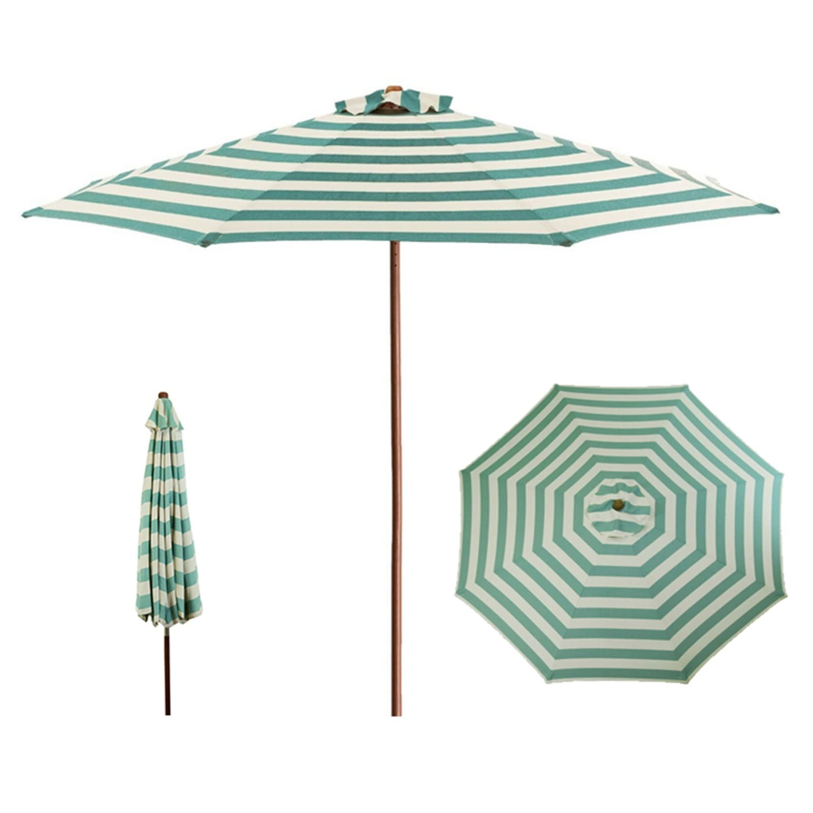GHARAZ 2.7m/9ft Wooden Green White Striped Patio Umbrella, Portable Outdoor Market Sun Shade Umbrella, UV Protection : Patio, Lawn & Garden