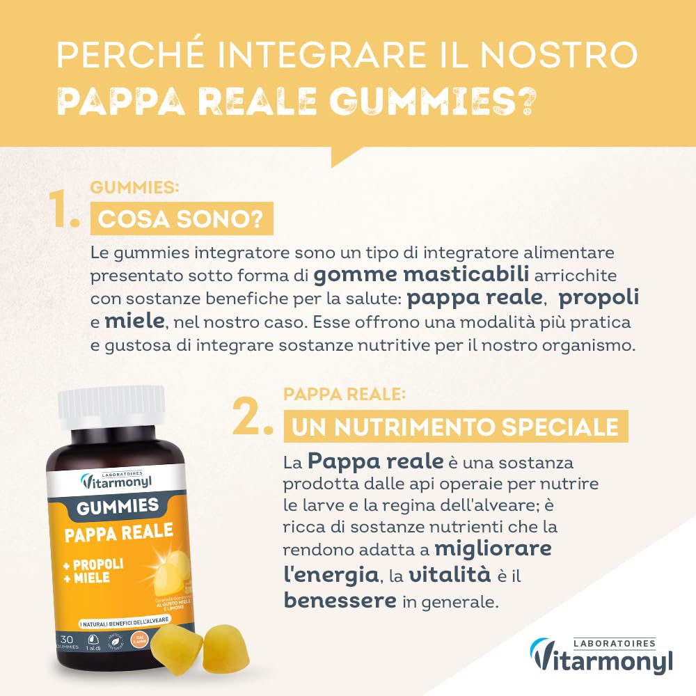 VITARMONYL PAPPA REALE GUMMIES - Con Propoli e Miele - Con Propoli e Miele - Facili da assumere - Per i Bambini +3 - Energia e Vitalità - 30 Gummies - Gusto Limone
