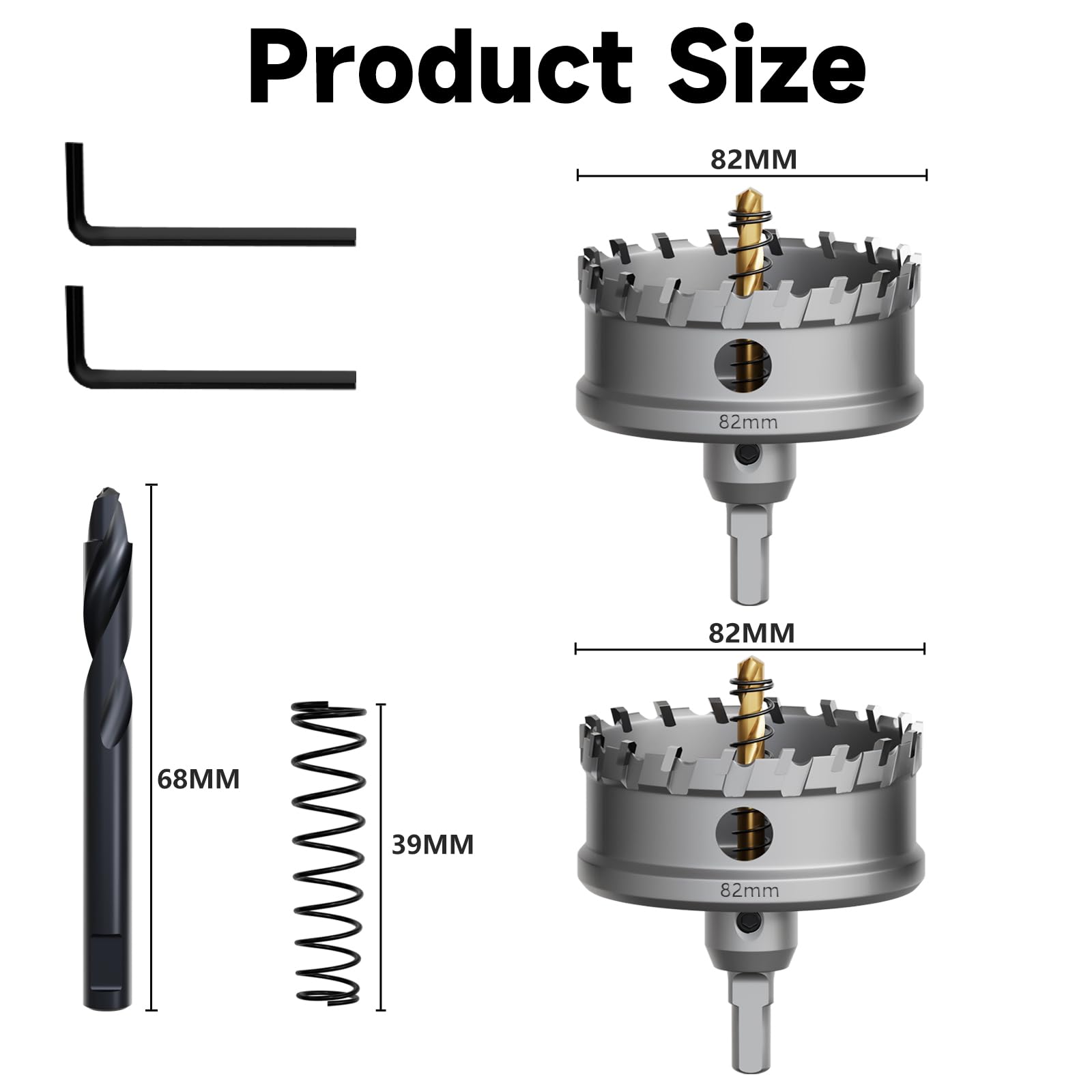 2 brocas de metal de 82 mm, con una broca adicional de guía de paso nitrurado gratis y llave en L, para acero, hierro, aluminio y metal