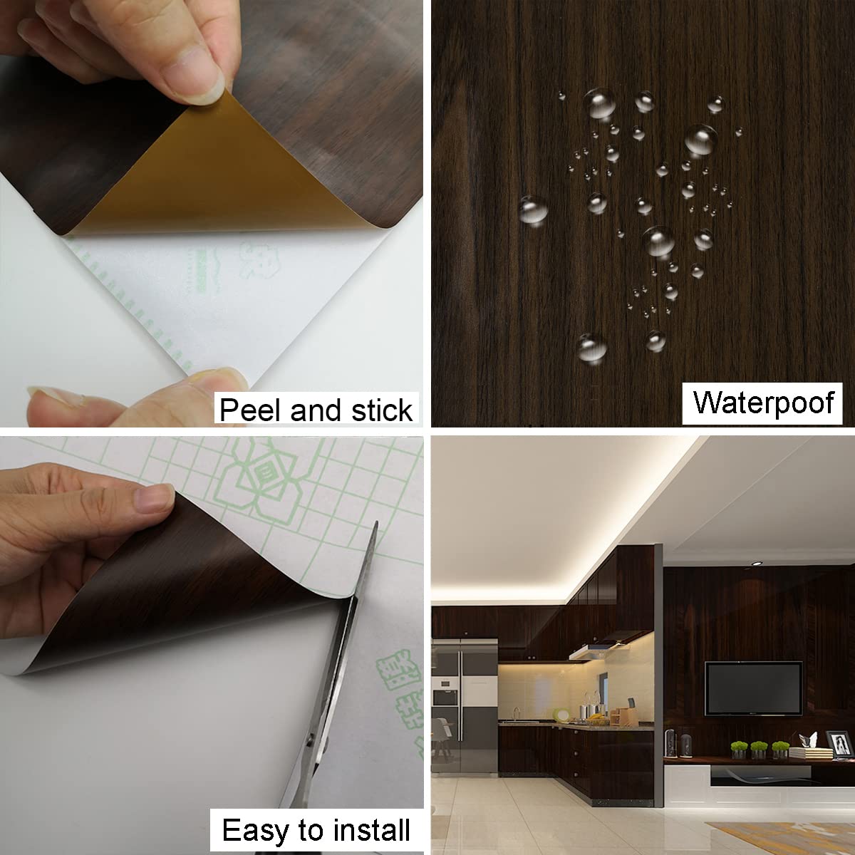TOTIO Papel tapiz autoadhesivo de vinilo con efecto de madera marrón oscuro, de 48 x 157 pulgadas, color marrón oscuro, envoltura de vinilo de nogal, parte trasera adhesiva, plástico, impermeable