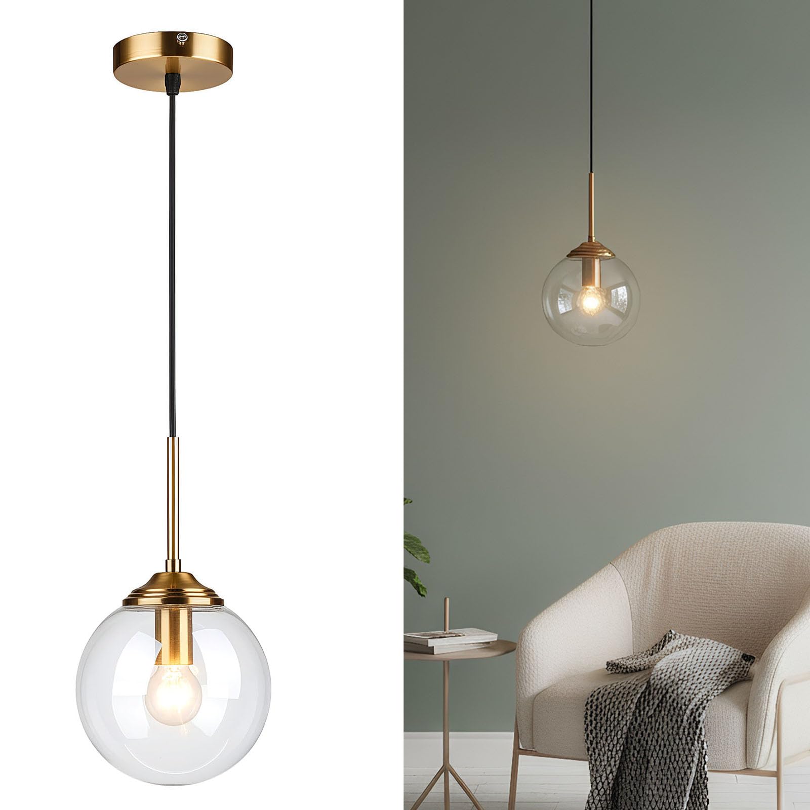 Lámpara Colgante de Techo con Esfera de Cristal de 15cm, Ajustable en Altura, E27 Luz Colgante de Metal Dorado para Comedor, Dormitorio, Cocina y Café (Transparente, 1 Pieza)